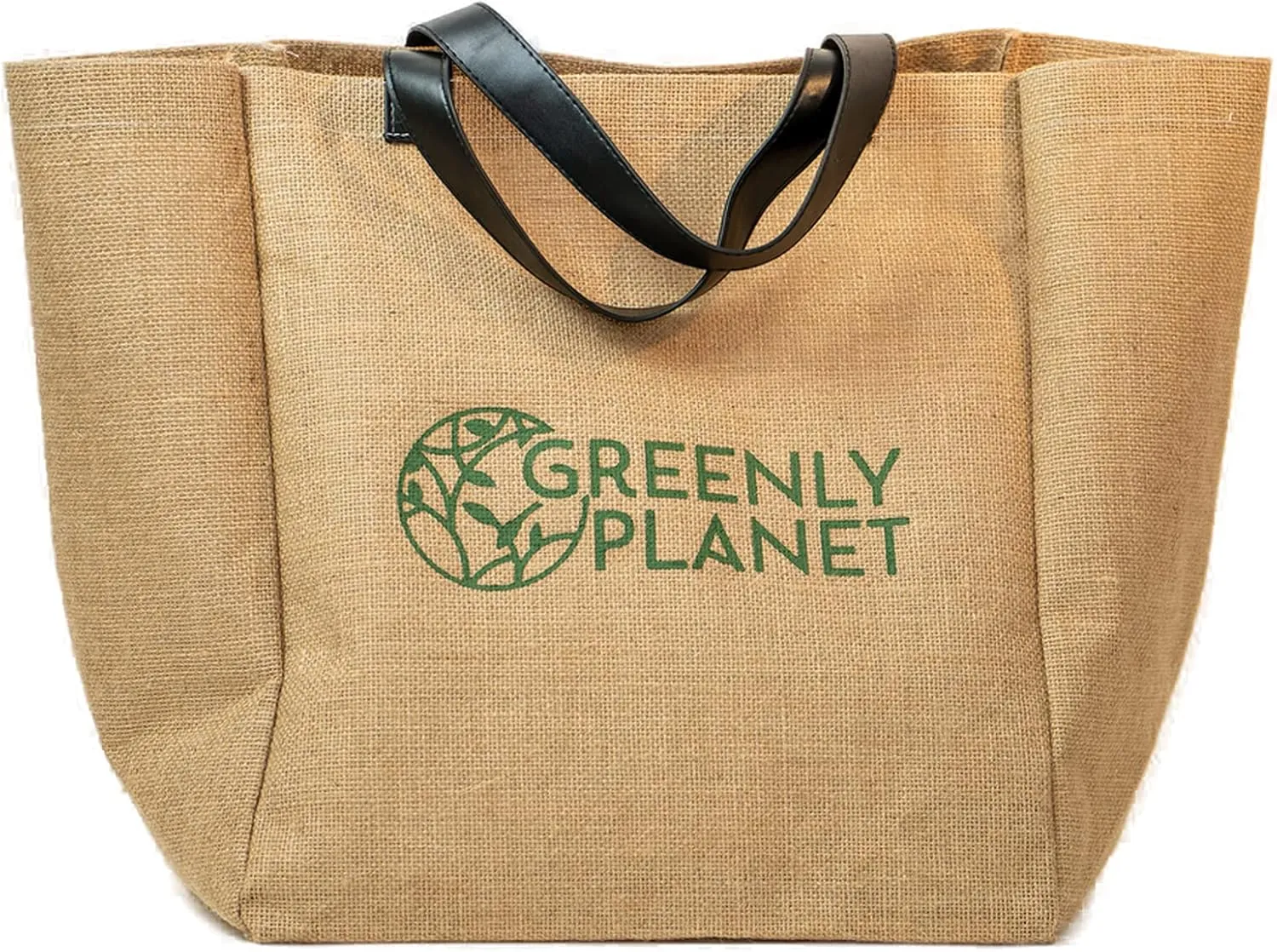 Reusable Grocery Bag with Faux Leather Strap Handle - Large Heavy Duty Jute Tote Handbag (Black Strap)