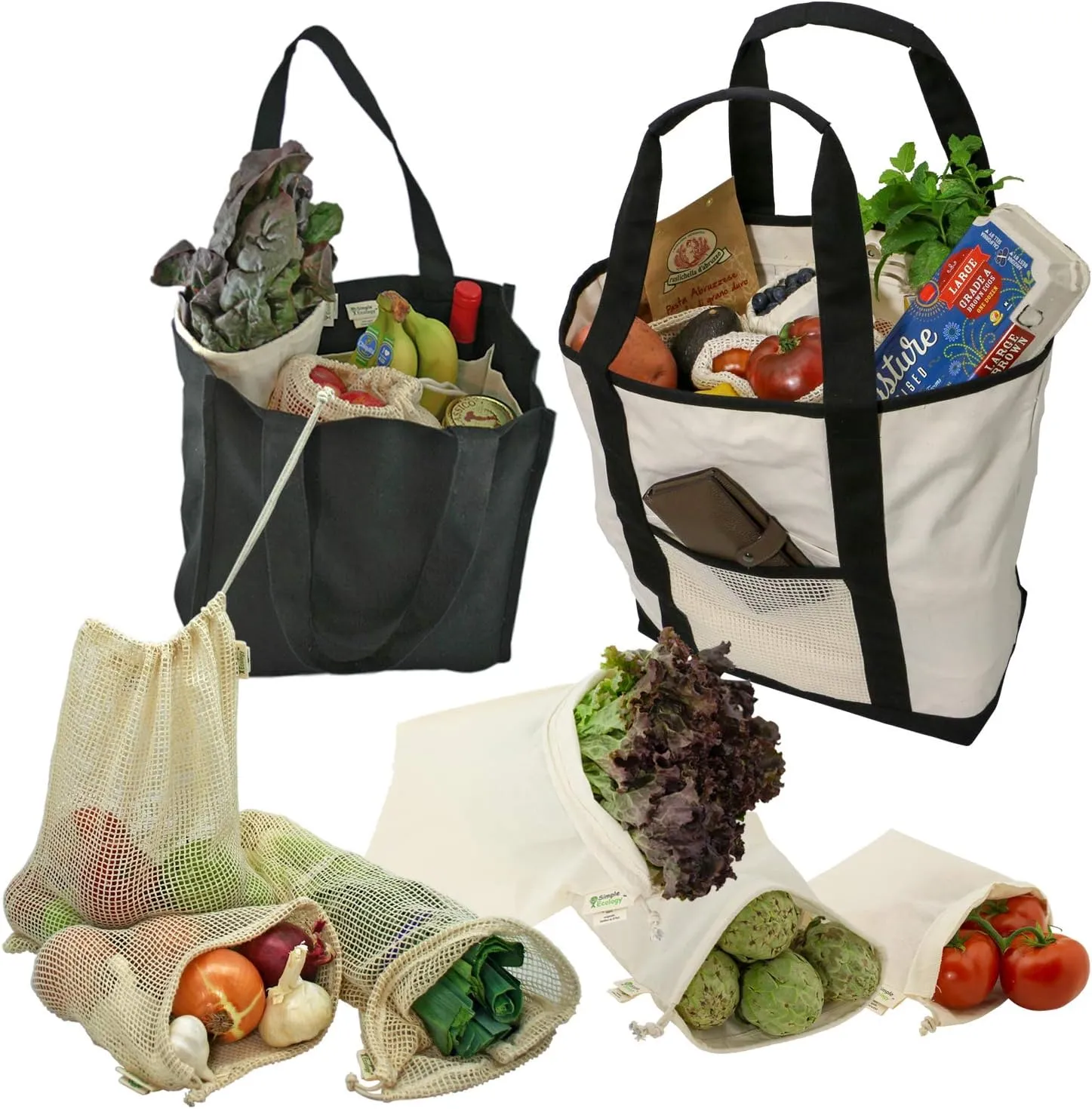 Reusable Grocery Shopping 8 Bag Gift or Starter Set, Washable, Durable, Organic Cotton, Natural with Black