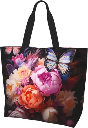 Reusable One Shoulder Shopping Bag, Butterflies and Fresh Bush Women One Shoulder Casual Tote Bag, Multipurpose Large Shopping Bag