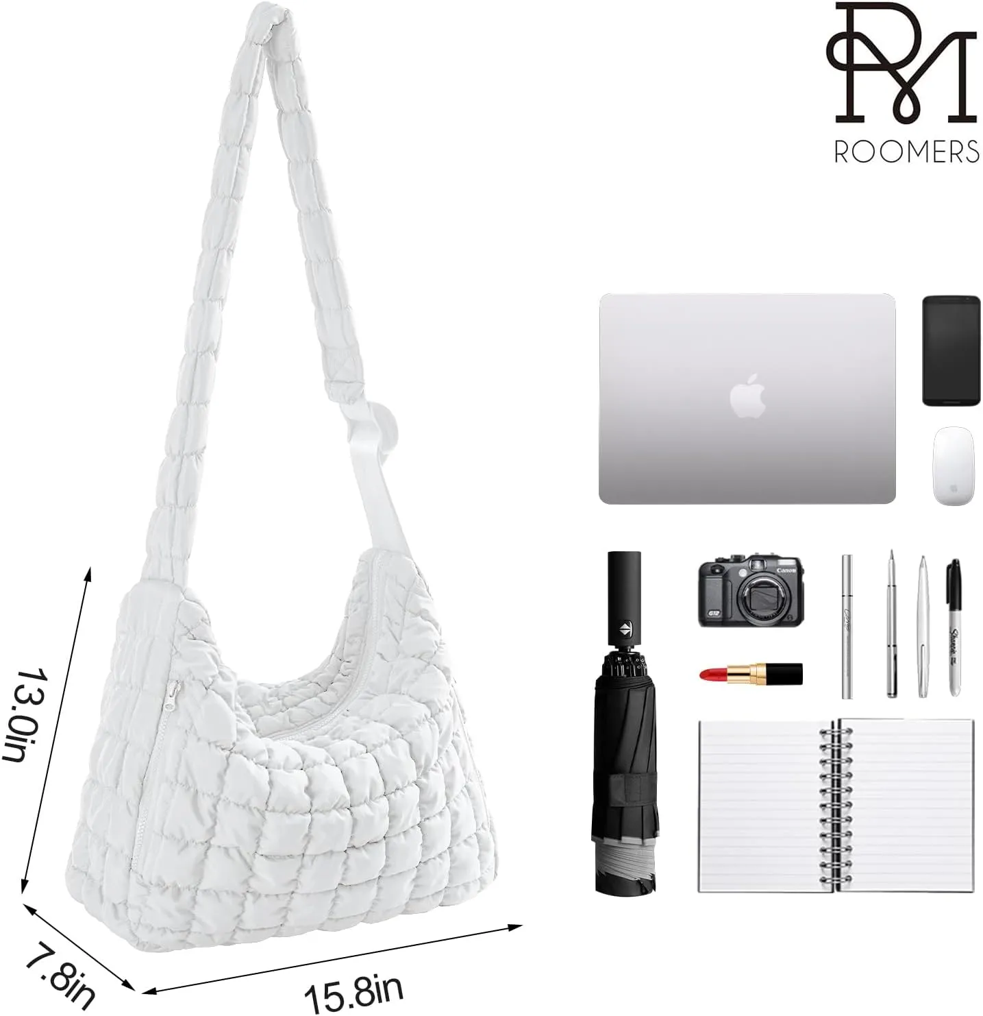 RM ROOMERS Large Puffer Tote Bag for Women White Hobo Crossbody Shoulder Bag for Gym Cute Puffy Travel Tote Bag with Zipper
