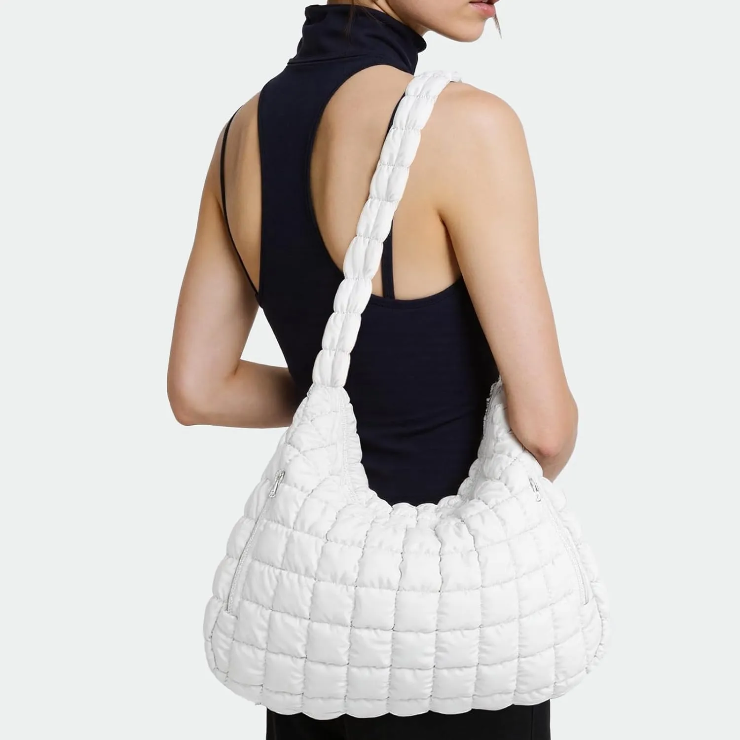 RM ROOMERS Large Puffer Tote Bag for Women White Hobo Crossbody Shoulder Bag for Gym Cute Puffy Travel Tote Bag with Zipper