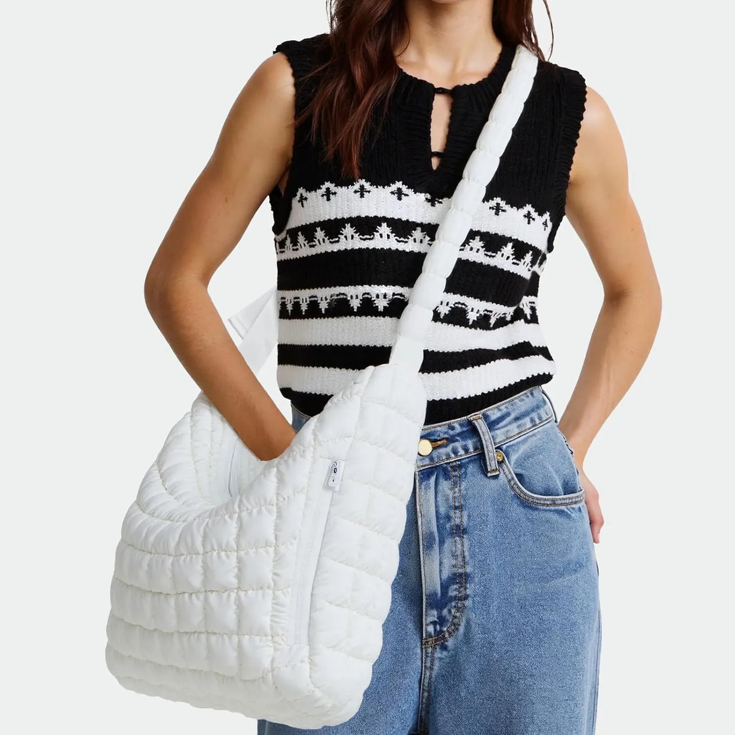 RM ROOMERS Large Puffer Tote Bag for Women White Hobo Crossbody Shoulder Bag for Gym Cute Puffy Travel Tote Bag with Zipper