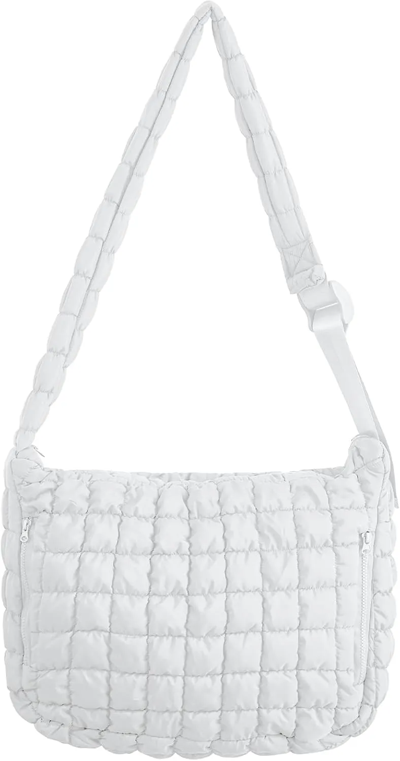 RM ROOMERS Large Puffer Tote Bag for Women White Hobo Crossbody Shoulder Bag for Gym Cute Puffy Travel Tote Bag with Zipper