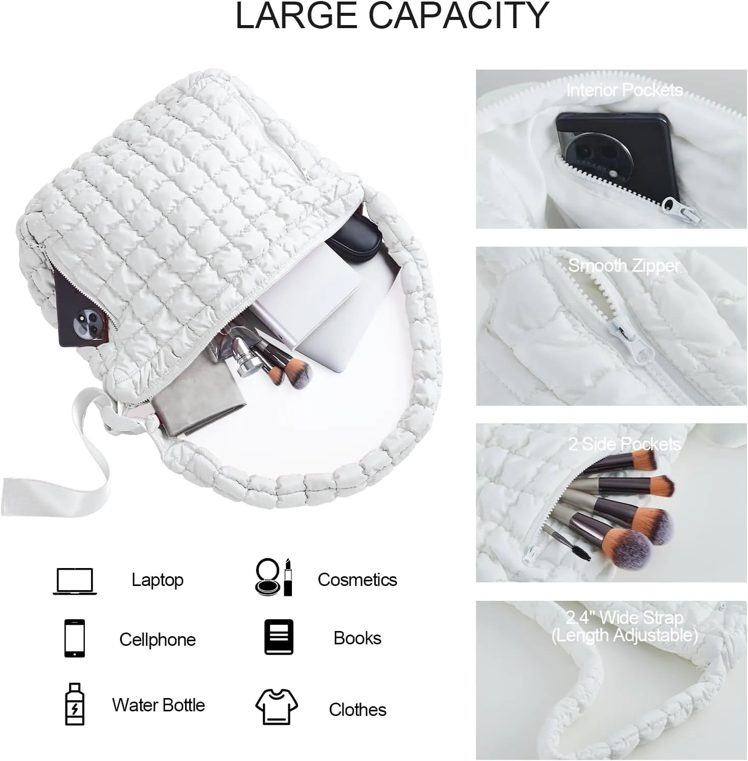 RM ROOMERS Large Puffer Tote Bag for Women White Hobo Crossbody Shoulder Bag for Gym Cute Puffy Travel Tote Bag with Zipper