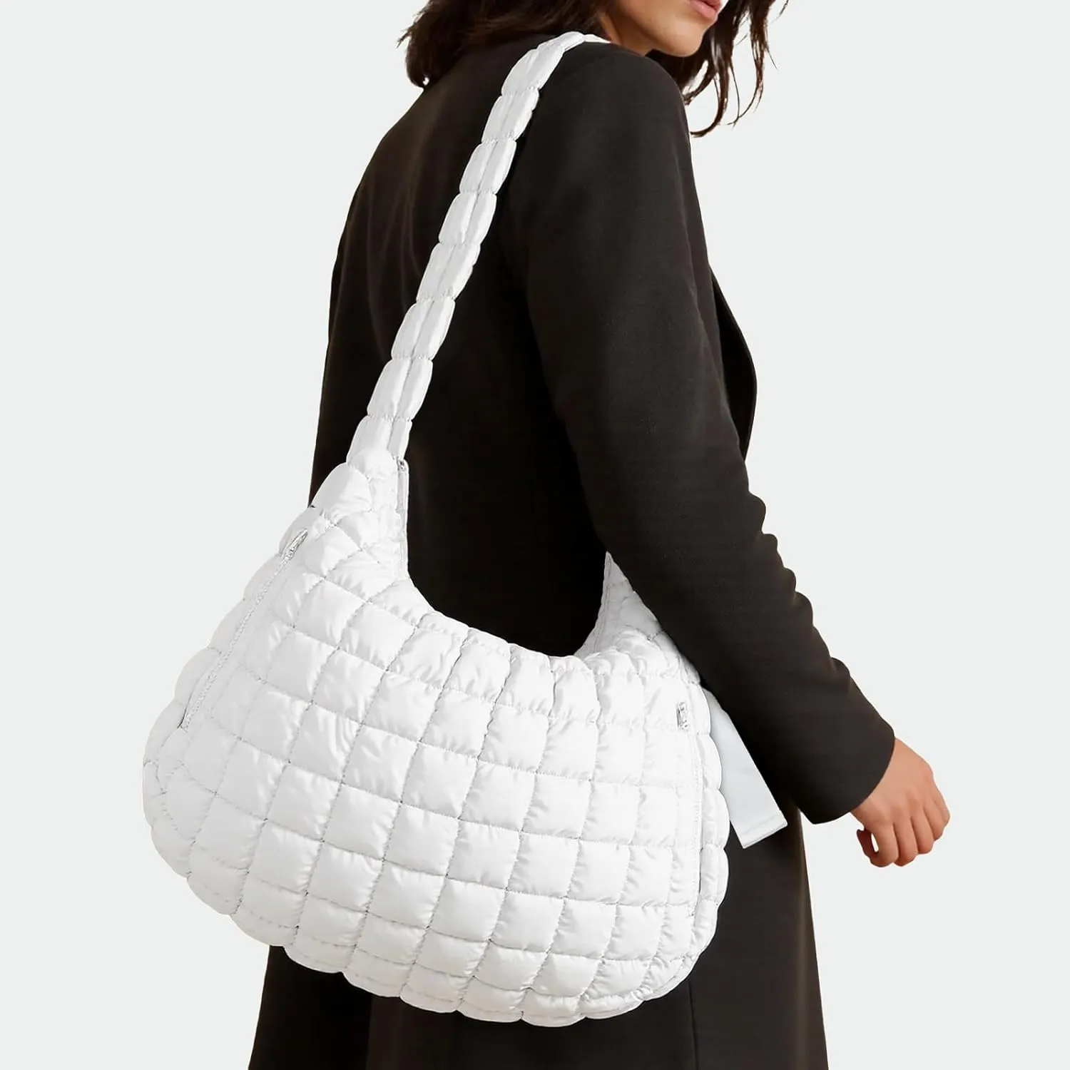 RM ROOMERS Large Puffer Tote Bag for Women White Hobo Crossbody Shoulder Bag for Gym Cute Puffy Travel Tote Bag with Zipper