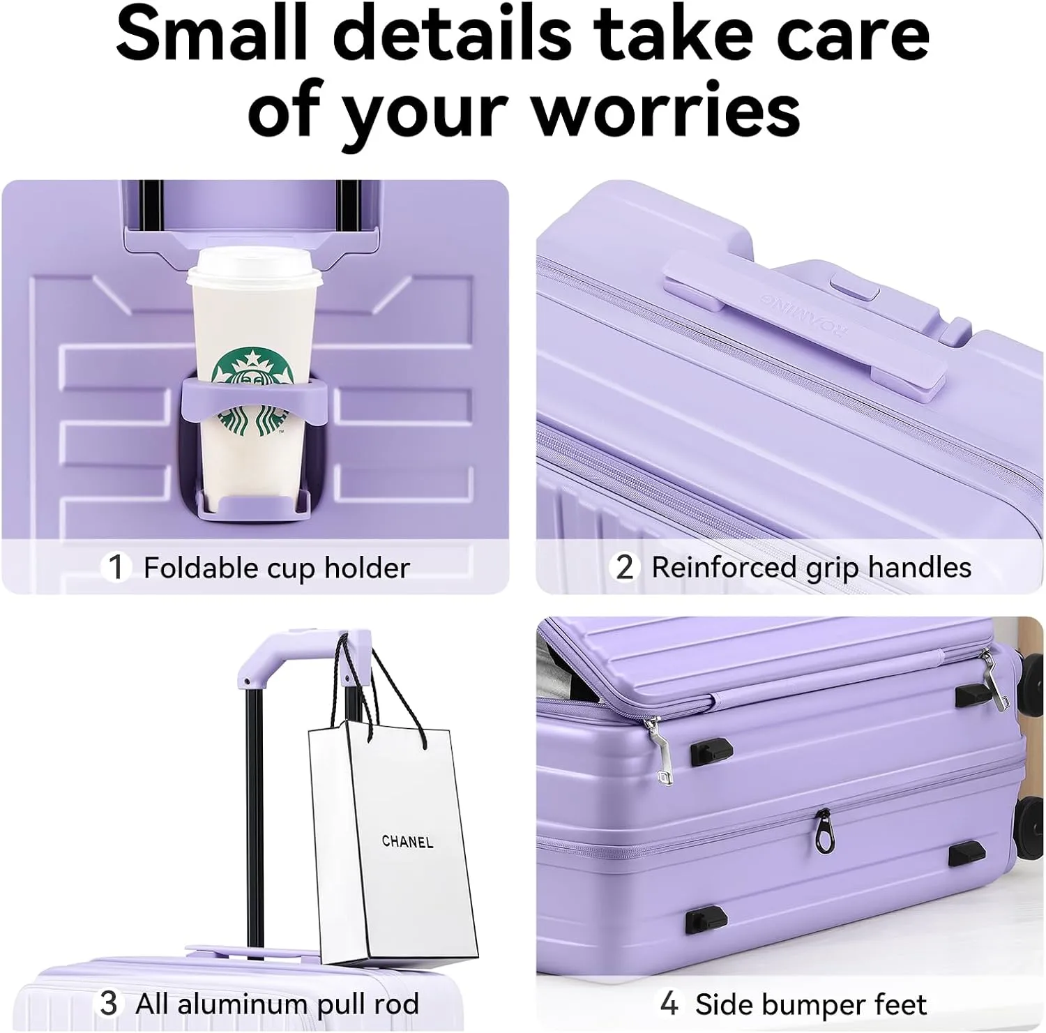 ROAMING 26-Inch Checked Luggage Expandable Front Opening Rolling Vacation Suitcase with Spinner Wheels and TSA Lock Cup Holder, PC Hard Shell Travel Trolley Case for Shout Business Trips purple