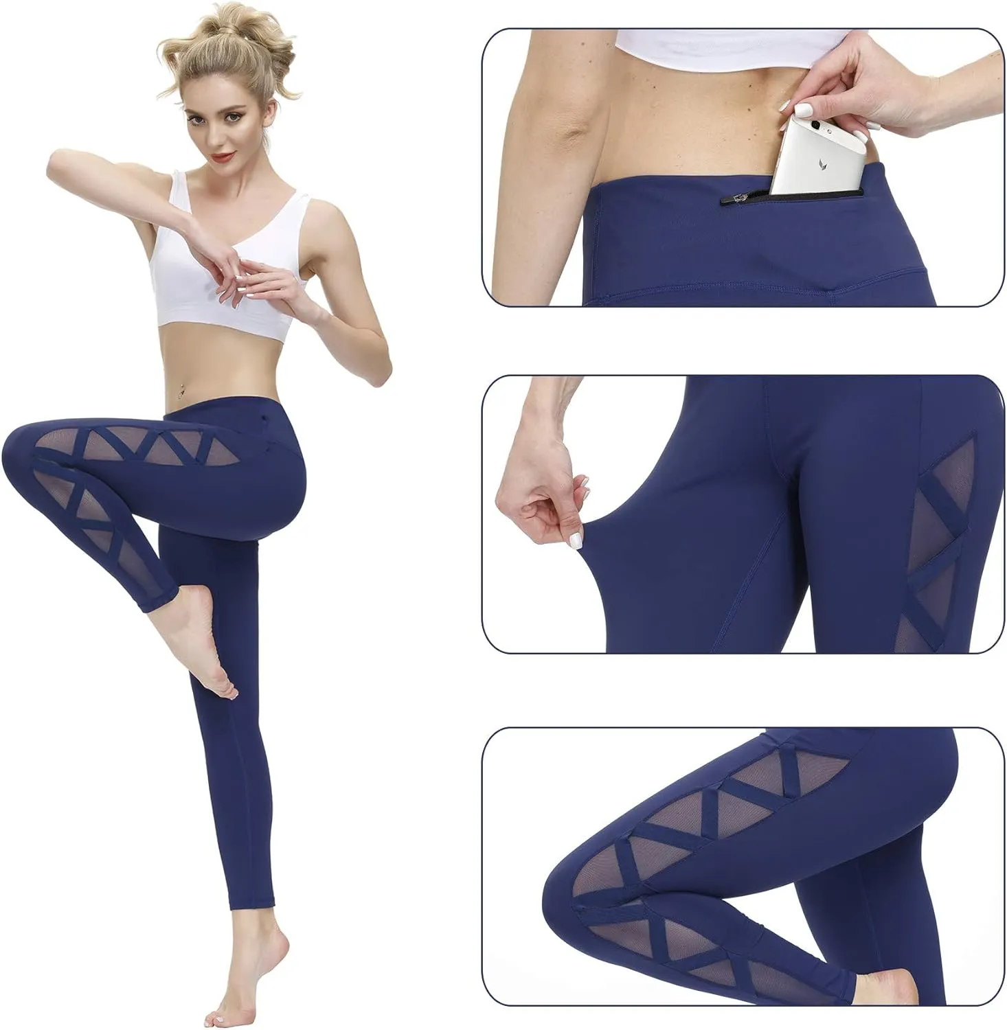 romansong Women's Mesh Leggings Yoga Pants with Pocket, Non See-Through Capri High Waisted Tummy Control 4 Way Stretch