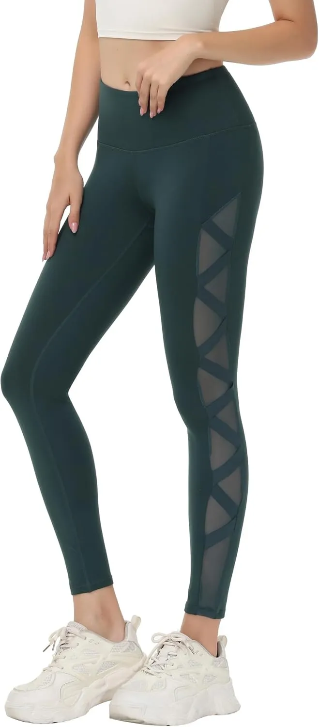 romansong Women's Mesh Leggings Yoga Pants with Pocket, Non See-Through Capri High Waisted Tummy Control 4 Way Stretch