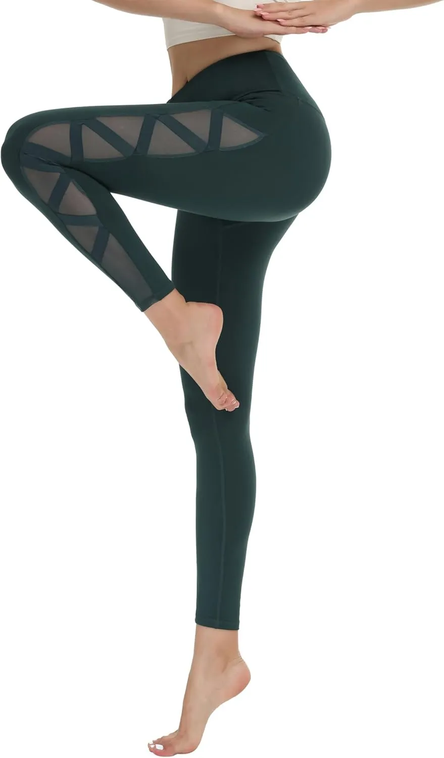 romansong Women's Mesh Leggings Yoga Pants with Pocket, Non See-Through Capri High Waisted Tummy Control 4 Way Stretch