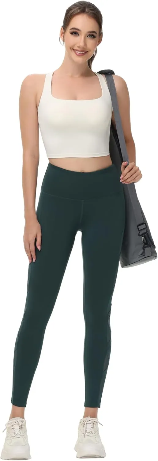 romansong Women's Mesh Leggings Yoga Pants with Pocket, Non See-Through Capri High Waisted Tummy Control 4 Way Stretch
