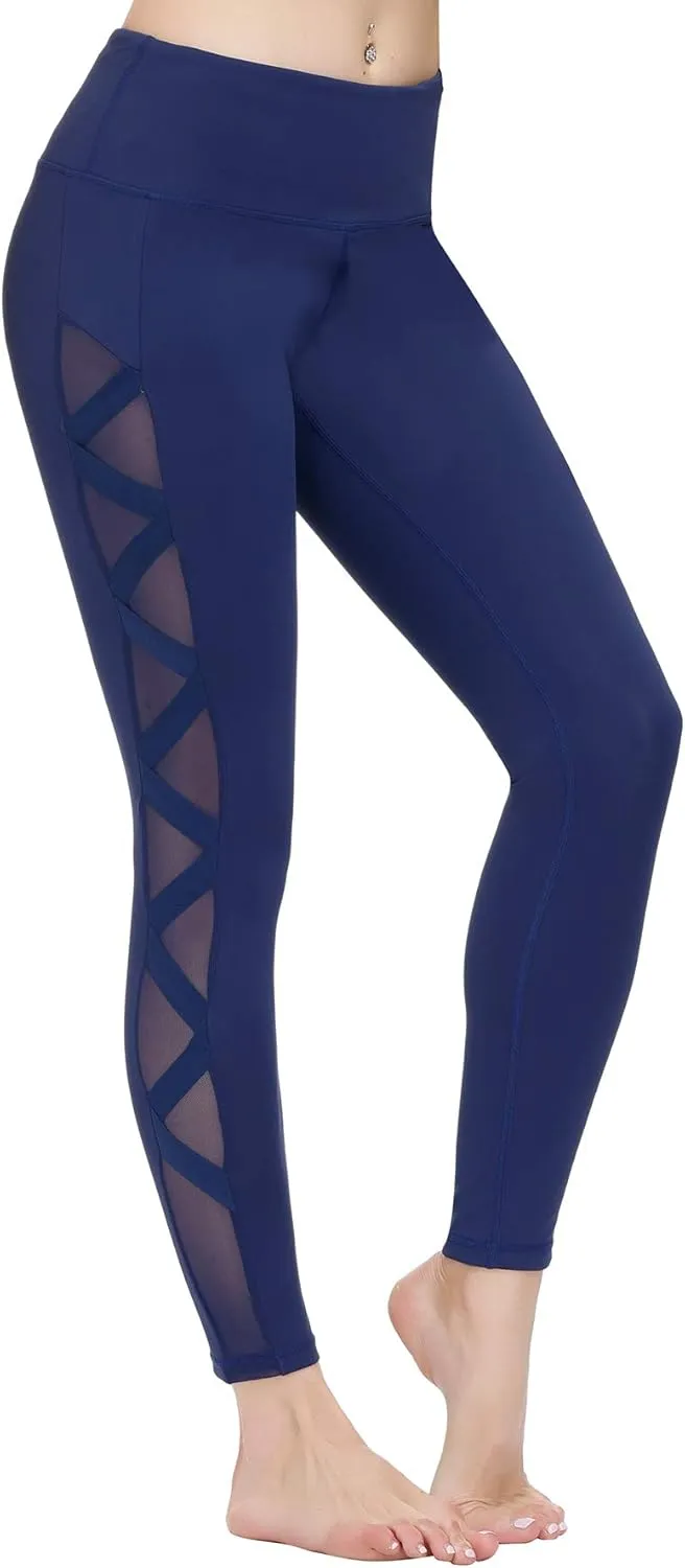 romansong Women's Mesh Leggings Yoga Pants with Pocket, Non See-Through Capri High Waisted Tummy Control 4 Way Stretch