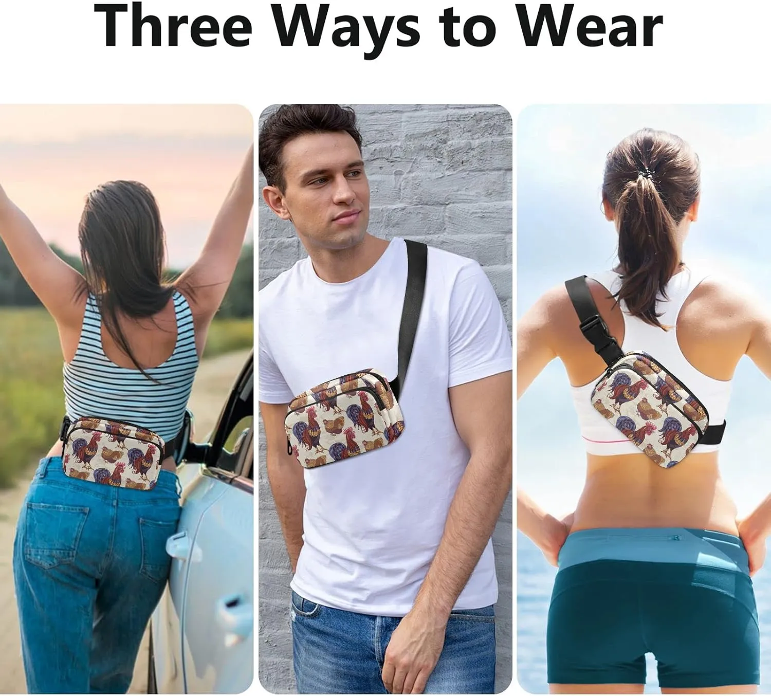 Rooster Hens Chickens Fanny Packs for Women Men Belt Bag with Adjustable Strap Fashion Waist Packs Crossbody Bag Waist Pouch for Workout Hiking