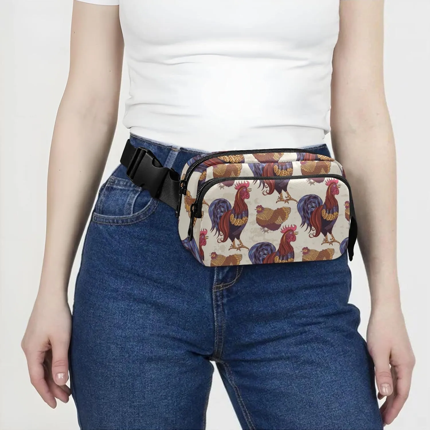 Rooster Hens Chickens Fanny Packs for Women Men Belt Bag with Adjustable Strap Fashion Waist Packs Crossbody Bag Waist Pouch for Workout Hiking