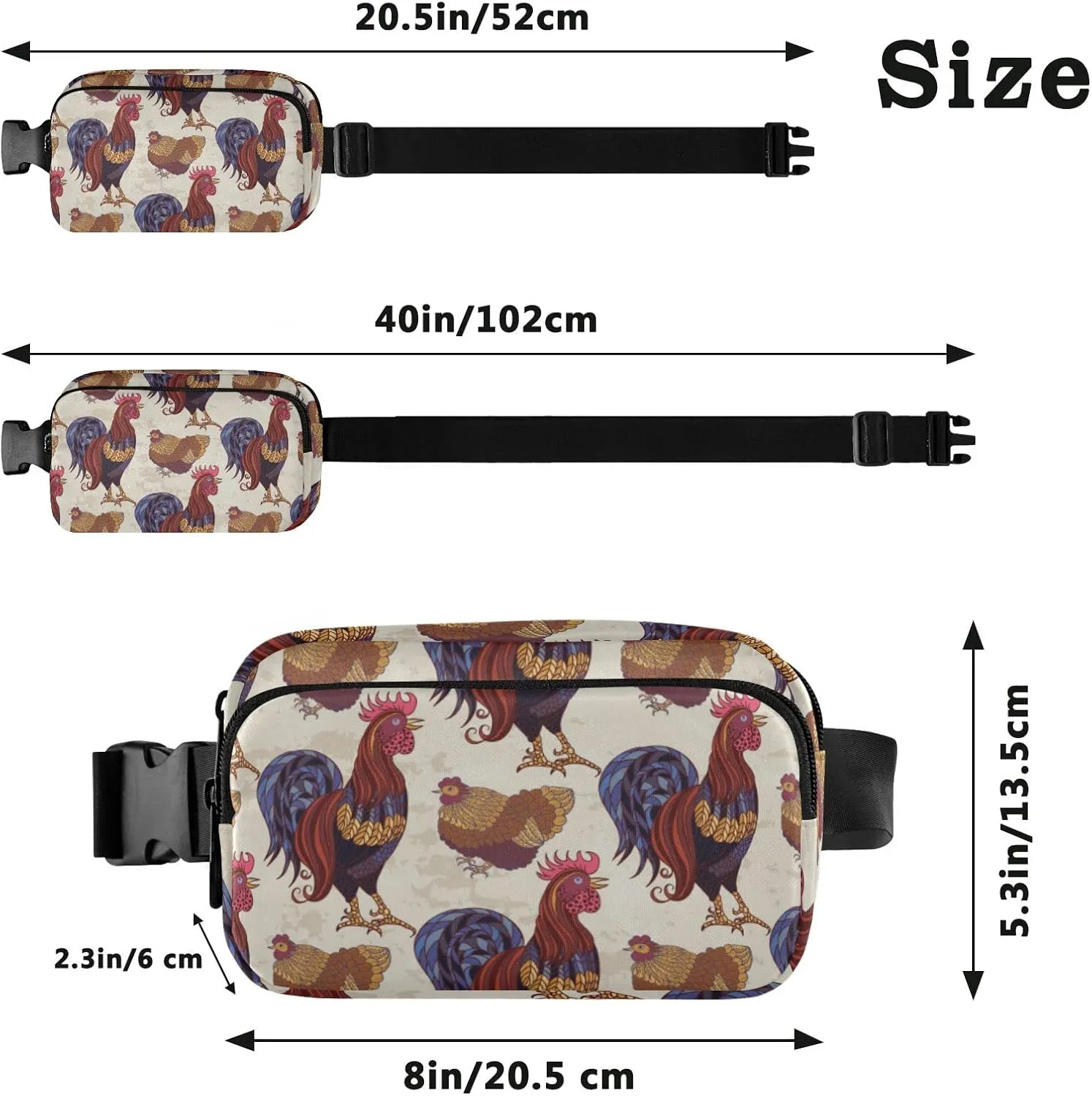 Rooster Hens Chickens Fanny Packs for Women Men Belt Bag with Adjustable Strap Fashion Waist Packs Crossbody Bag Waist Pouch for Workout Hiking