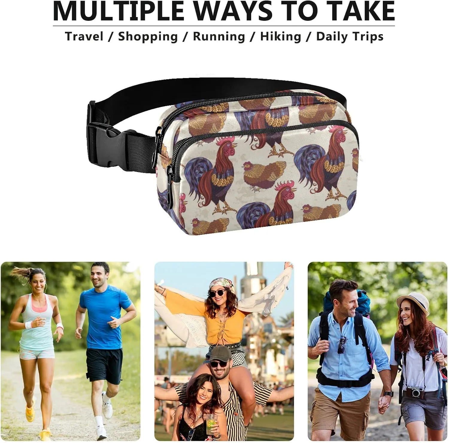 Rooster Hens Chickens Fanny Packs for Women Men Belt Bag with Adjustable Strap Fashion Waist Packs Crossbody Bag Waist Pouch for Workout Hiking