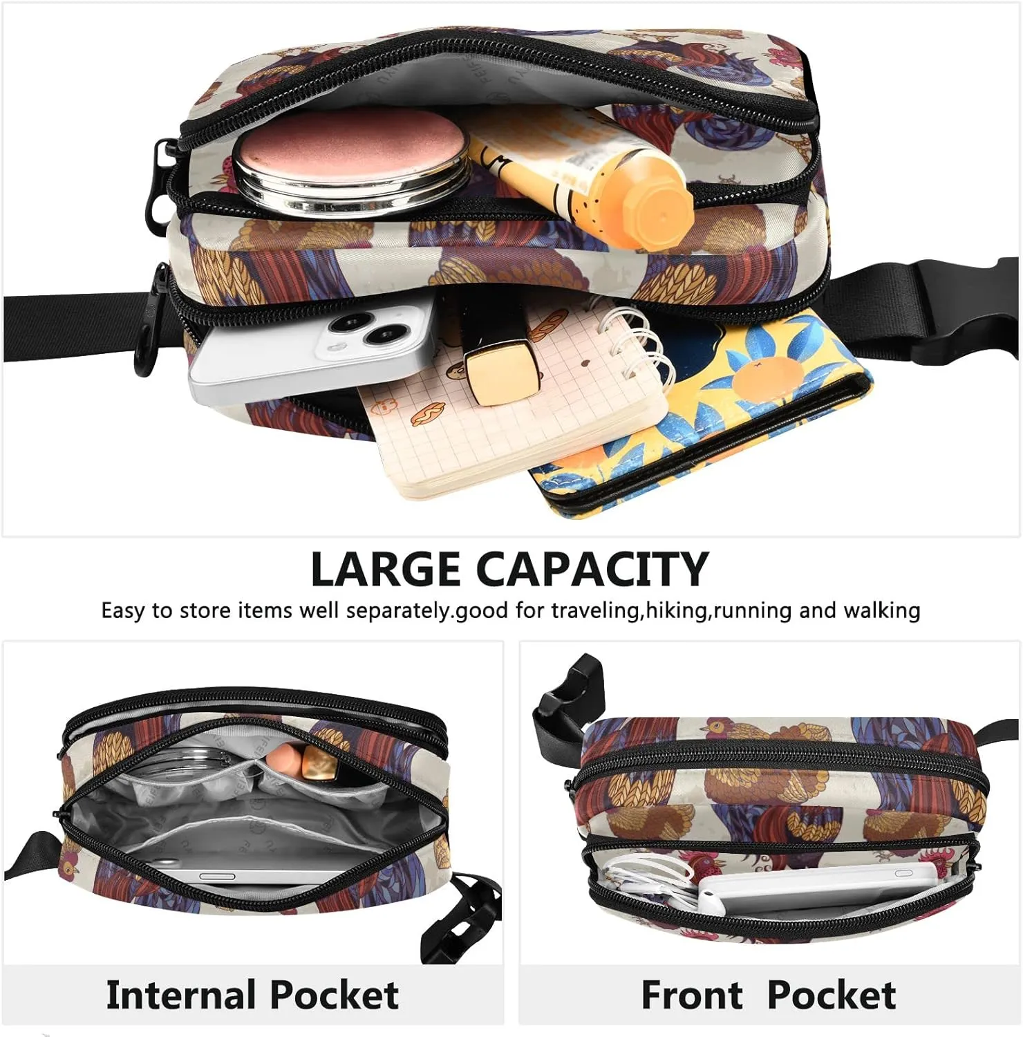 Rooster Hens Chickens Fanny Packs for Women Men Belt Bag with Adjustable Strap Fashion Waist Packs Crossbody Bag Waist Pouch for Workout Hiking