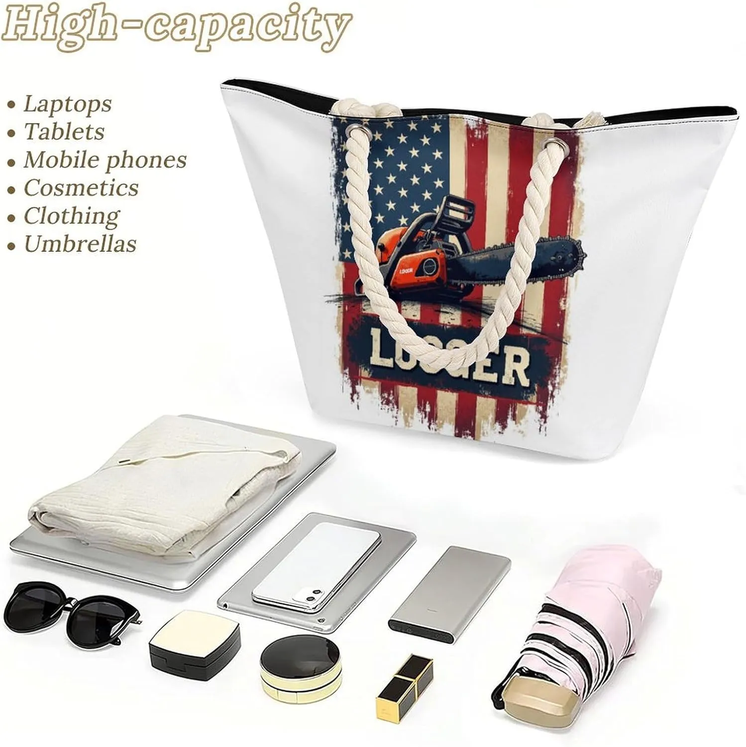 Rope Bag Women Men Beach Tote Bag with Hemp Rope Handle Top Zipper Boat Bag Large Capacity Handbag