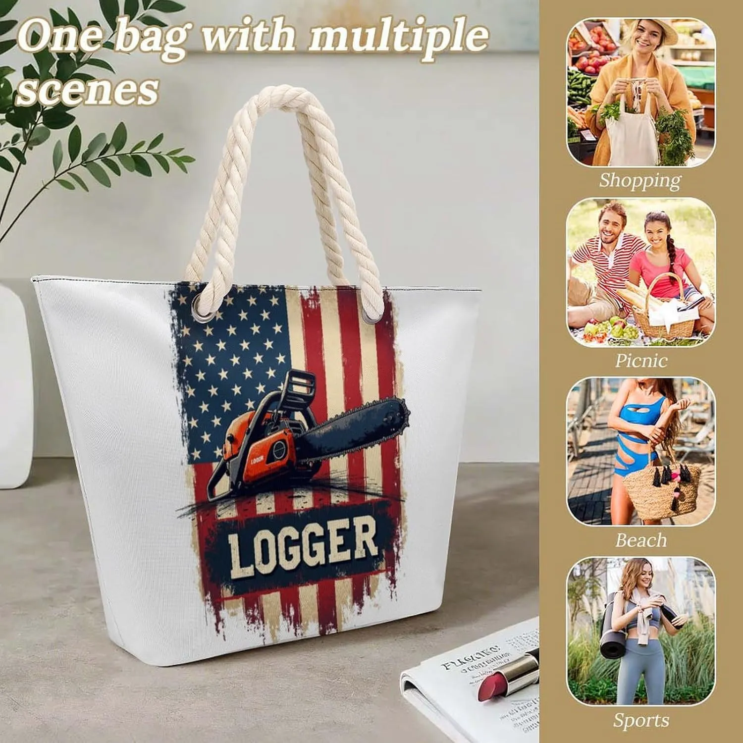 Rope Bag Women Men Beach Tote Bag with Hemp Rope Handle Top Zipper Boat Bag Large Capacity Handbag