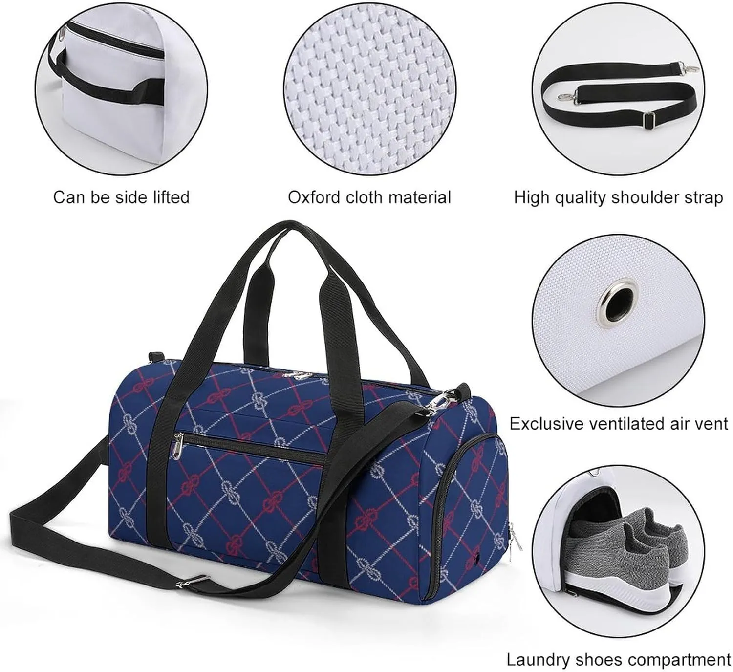 Rope Diagonal Plaid Print Sports Tote Gym Bag for Women Men, Overnight Bag with Shoe Compartment Water Resistant