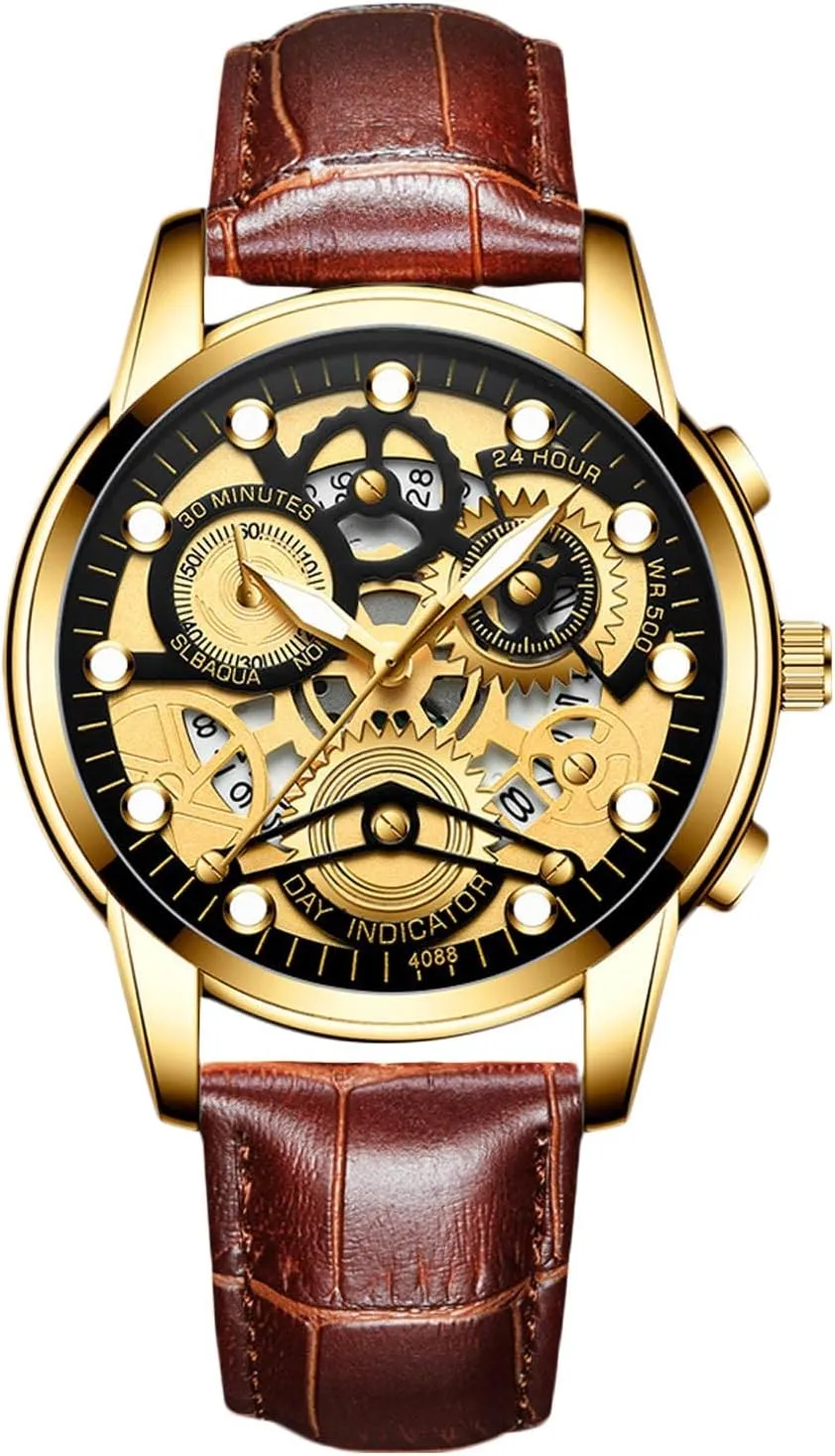 RORIOS Mens Watches Luminous Wristwatches Analog Quartz Watches with Leather Strap Calendar Watches Fashion Dress Watch for Men