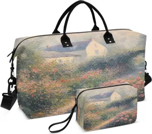 Rose Garden Cottage Painting Sports Gym Bag for Women Men Travel Duffel Bag Weekend Overnight Carry on Bag with Toiletry Bag Hospital Bag for Hospital Plane Swimming Yoga Workout