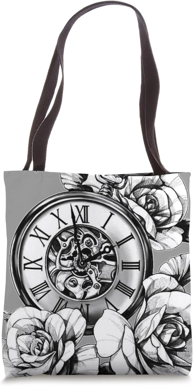 Roses x Pocket Watch Timepiece Blackwork Tattoo Flash Tote Bag