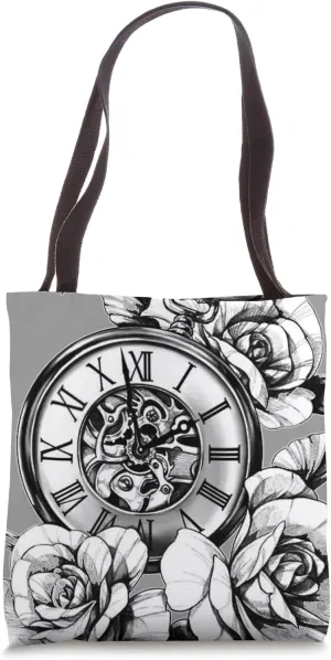 Roses x Pocket Watch Timepiece Blackwork Tattoo Flash Tote Bag