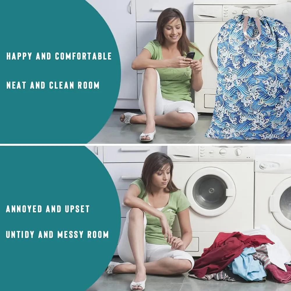 Sanlykate Extra Large Laundry Bag with Drawstring Closure and Handle, 28 x 40 Inch Heavy Duty Travel Dirty Clothes Bag for Laundromat and Household, Blue Wave