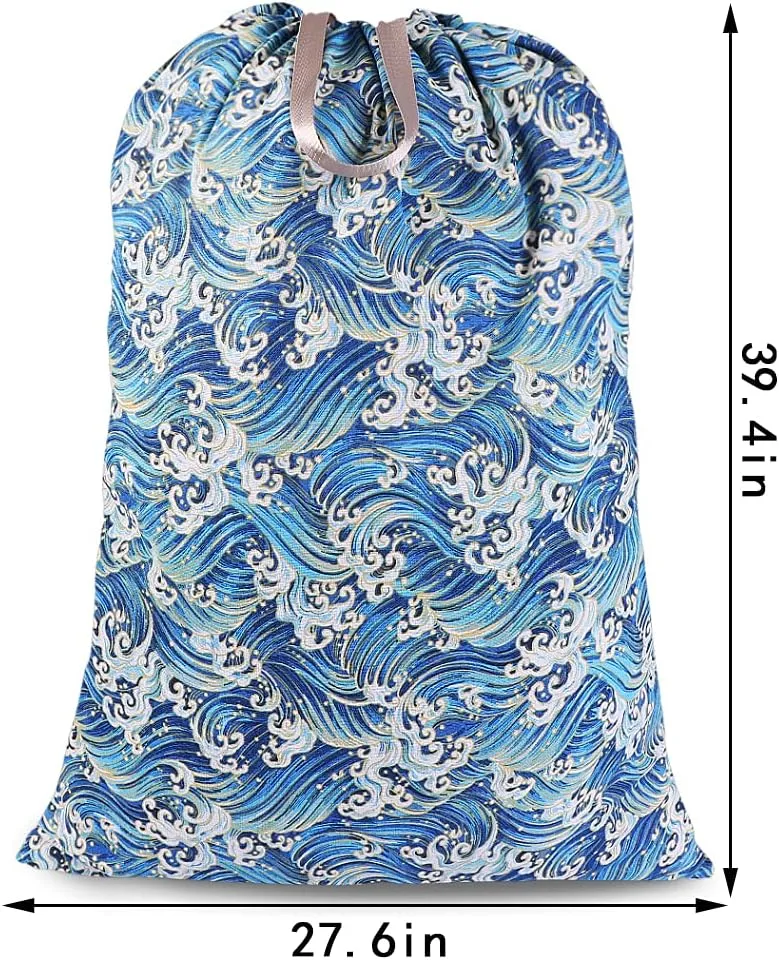 Sanlykate Extra Large Laundry Bag with Drawstring Closure and Handle, 28 x 40 Inch Heavy Duty Travel Dirty Clothes Bag for Laundromat and Household, Blue Wave