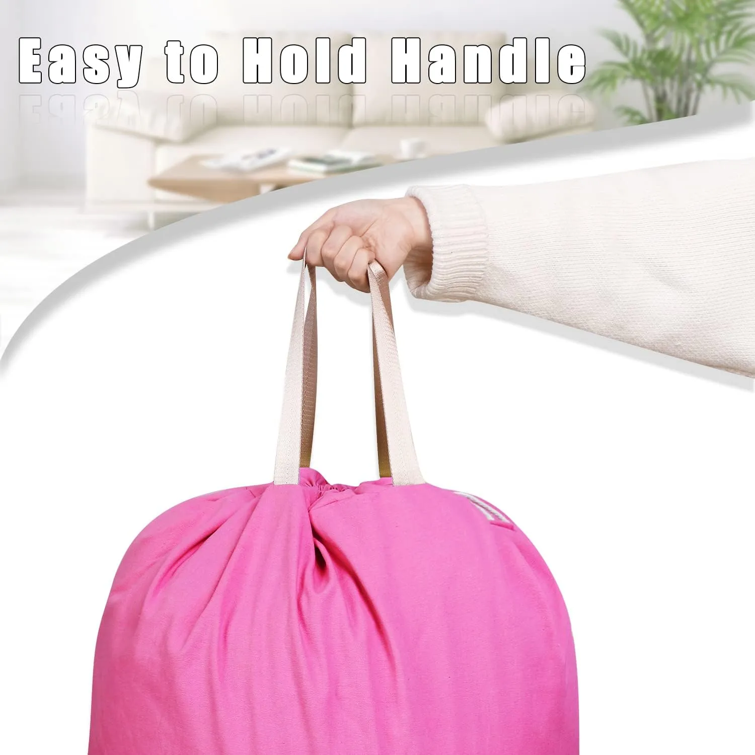 Sanlykate Large Canvas Cotton Laundry Bag with Drawstring & Handles, Heavy Duty Durable Dirty Clothes Organizer, Tear Resistant Hamper Liner Storage Bag, Travel Sack, 25.5 x 34inch - Deep Pink