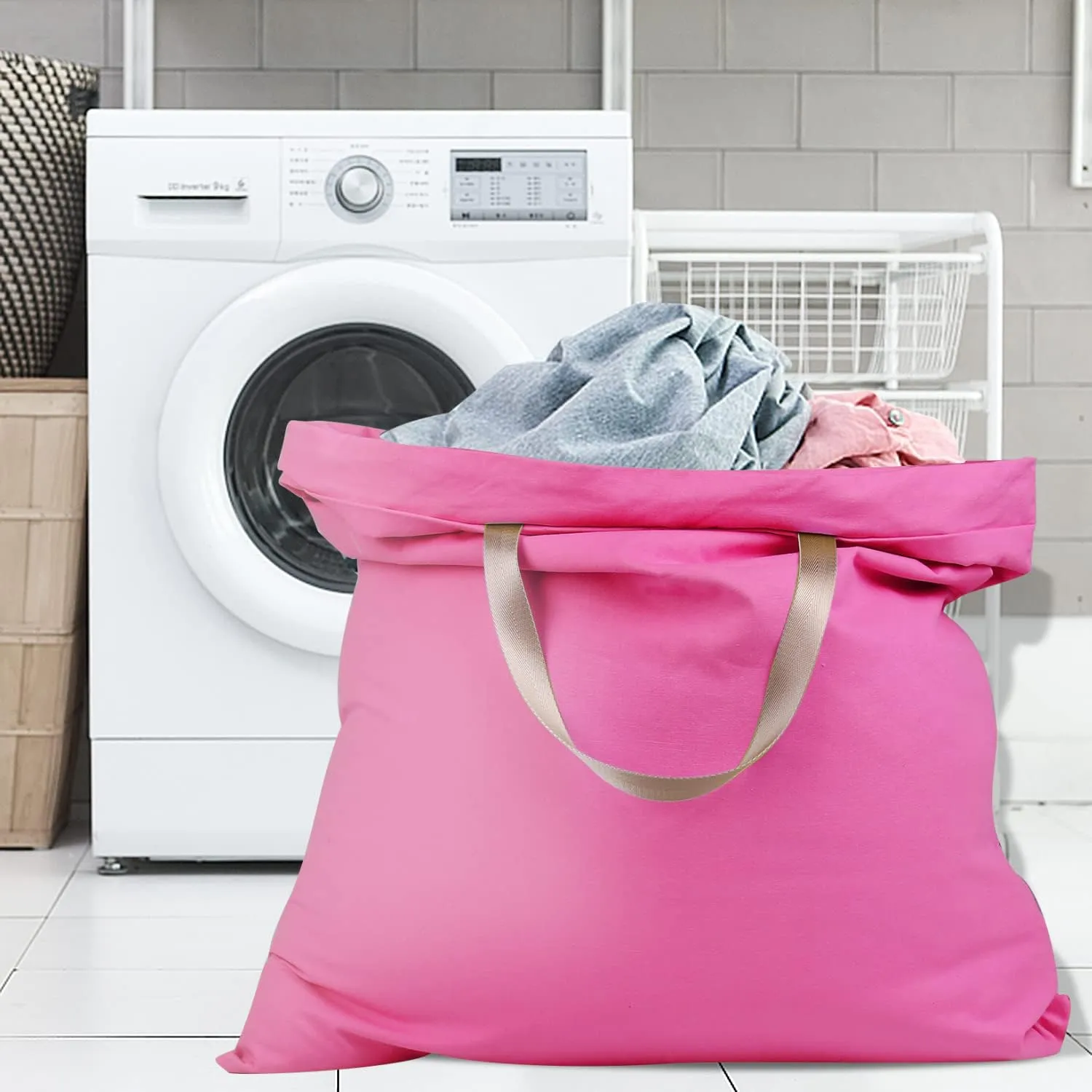Sanlykate Large Canvas Cotton Laundry Bag with Drawstring & Handles, Heavy Duty Durable Dirty Clothes Organizer, Tear Resistant Hamper Liner Storage Bag, Travel Sack, 25.5 x 34inch - Deep Pink