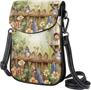Satchel Bag Garden Scene Birdhouses Butterfly Flowers Purse Crossbody Leather Messenger Bag For Women