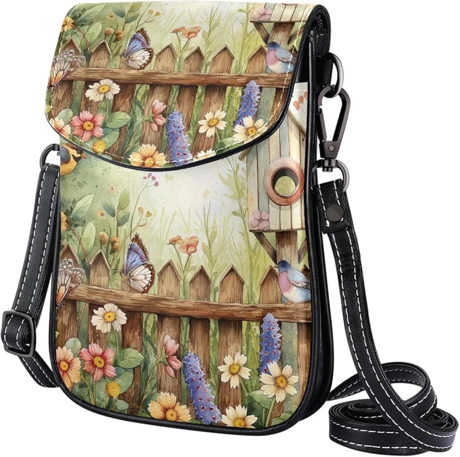 Satchel Bag Garden Scene Birdhouses Butterfly Flowers Purse Crossbody Leather Messenger Bag For Women