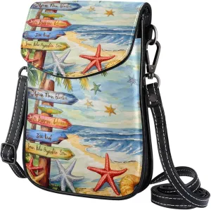 Satchel Bag Watercolor Beach Scene With Palm Trees Starfish Purse Crossbody Leather Messenger Bag For Women