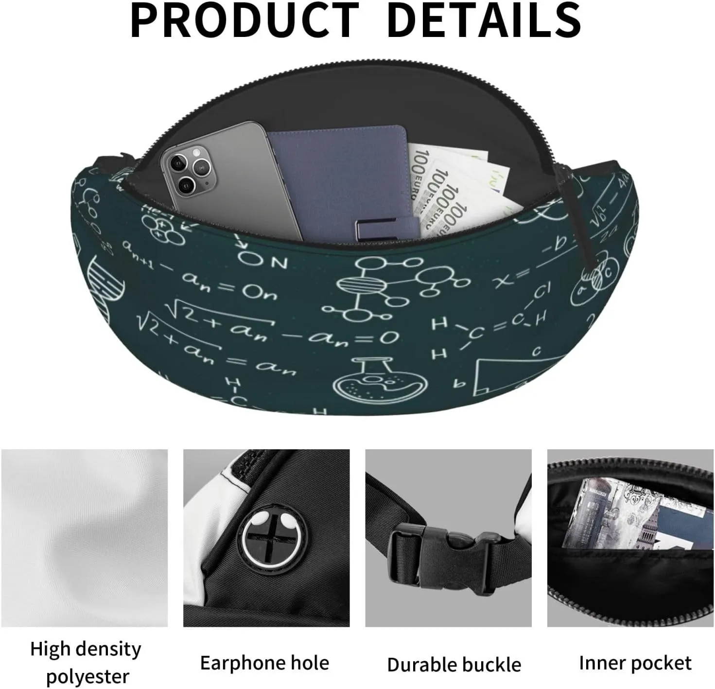 Scientific Math Chalkboard Fanny Pack, Crossbody Waist Packs for Women Men Waist Bags with Adjustable Strap for Travel Running Hiking Sport