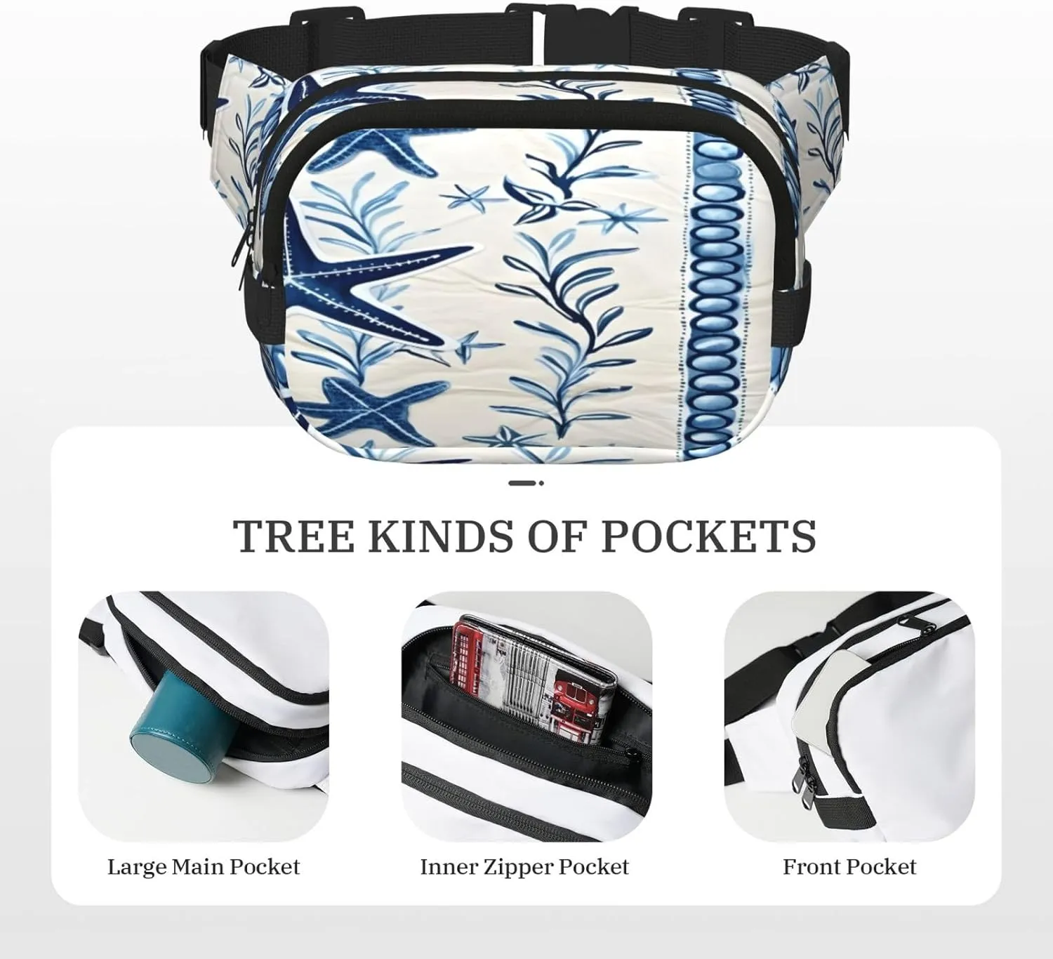 Sea Starfish Seashell Funny Pack Waist Pack for Women Men, Double Layer Pack for Workout Running Travelling