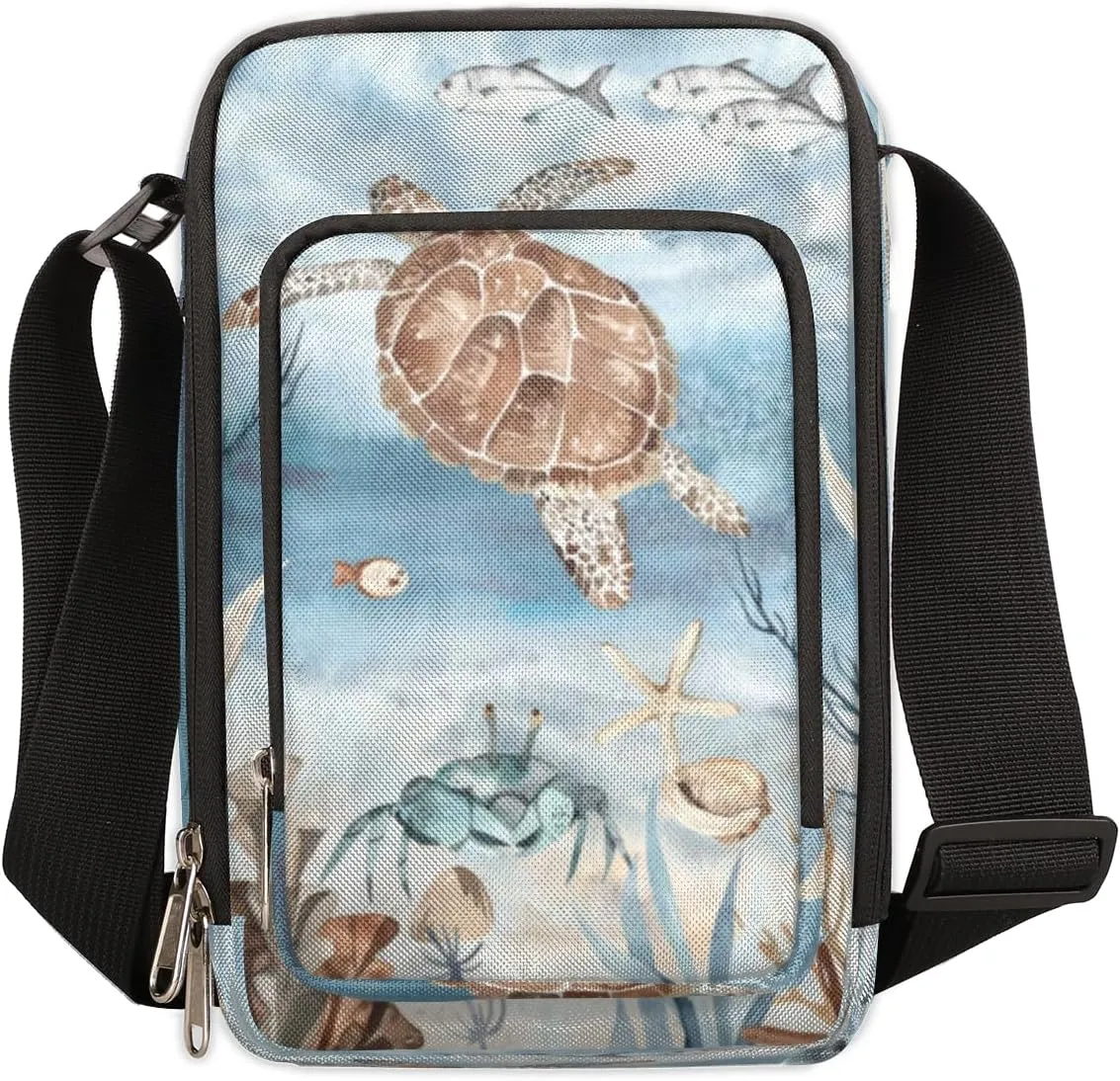 Sea Turtle Algae Fish Starfish Crossbody Bag Small Sling Bag for Women and Men with Adjustable Shoulder Strap and Zipper Waterproof Fanny Pack for Working Traveling Hiking