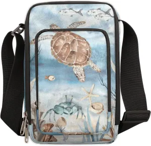 Sea Turtle Algae Fish Starfish Crossbody Bag Small Sling Bag for Women and Men with Adjustable Shoulder Strap and Zipper Waterproof Fanny Pack for Working Traveling Hiking