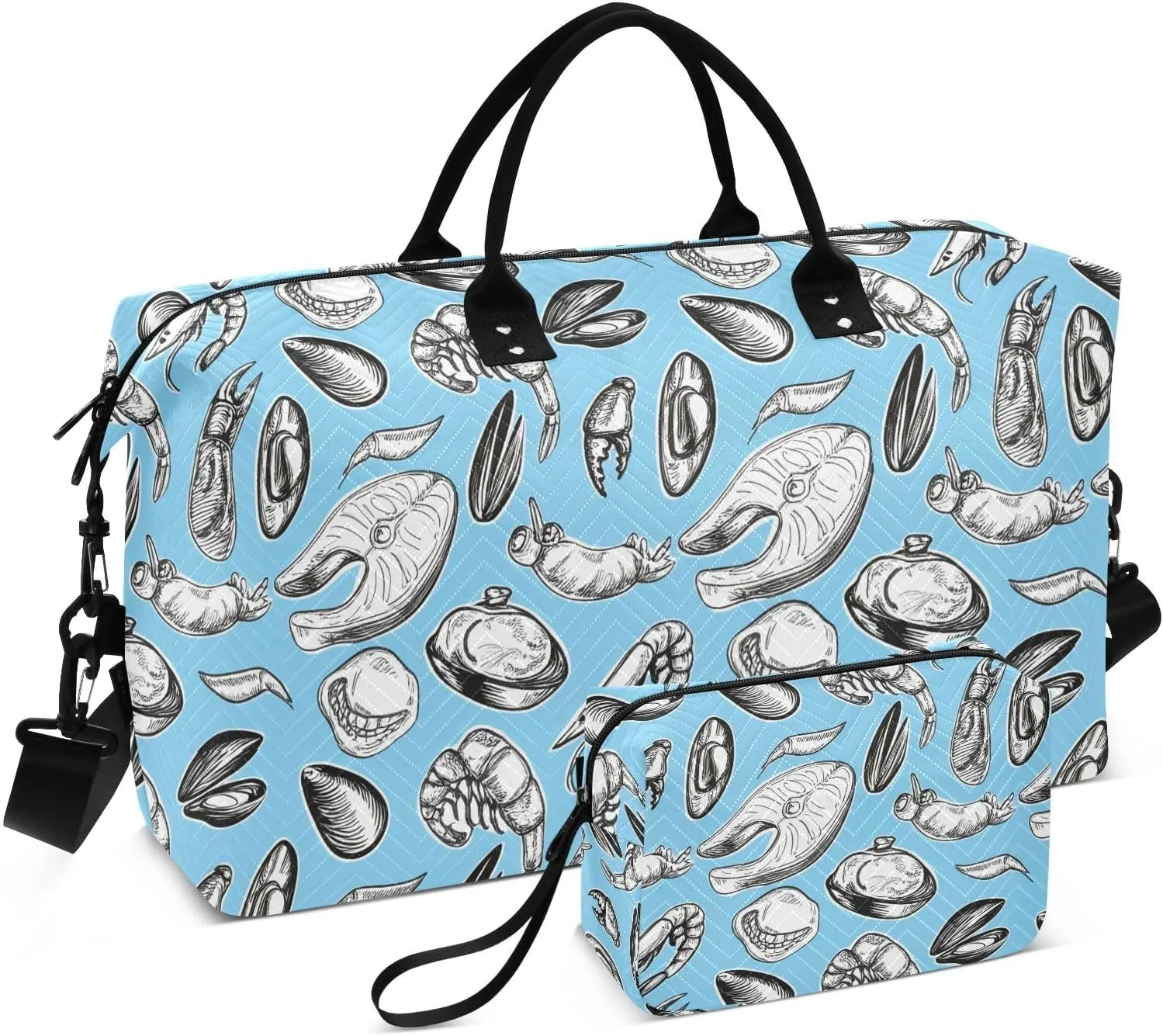 Seafood Mussel Shrimp Salmon Sports Gym Bag for Women Men Travel Duffel Bag Weekend Overnight Carry on Bag with Toiletry Bag Hospital Bag for Swimming Yoga Workout Hospital Plane