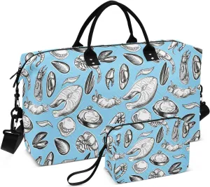 Seafood Mussel Shrimp Salmon Sports Gym Bag for Women Men Travel Duffel Bag Weekend Overnight Carry on Bag with Toiletry Bag Hospital Bag for Swimming Yoga Workout Hospital Plane