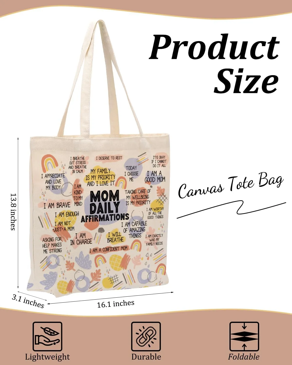 Self Love Daily Affirmations for Women, Inspirational Mom Teacher Nurse Christian Gifts Canvas Tote Bag with Pocket