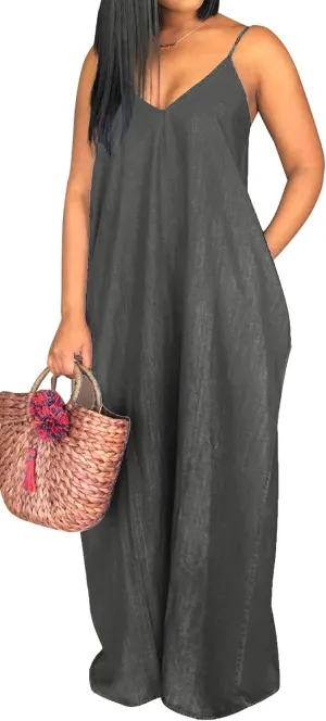 SeNight Women's Sexy Maxi Denim Dresses Casual Spaghetti Strap Striped Long Sundress Wiht Pockets