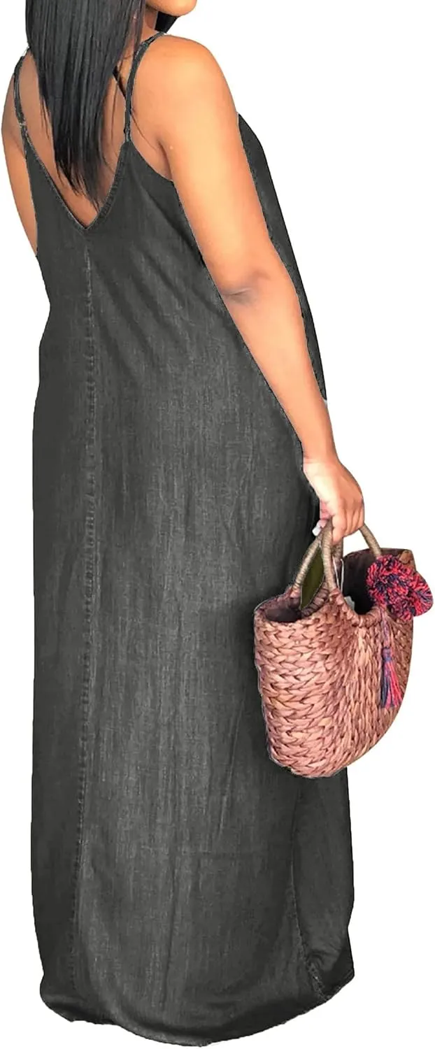 SeNight Women's Sexy Maxi Denim Dresses Casual Spaghetti Strap Striped Long Sundress Wiht Pockets