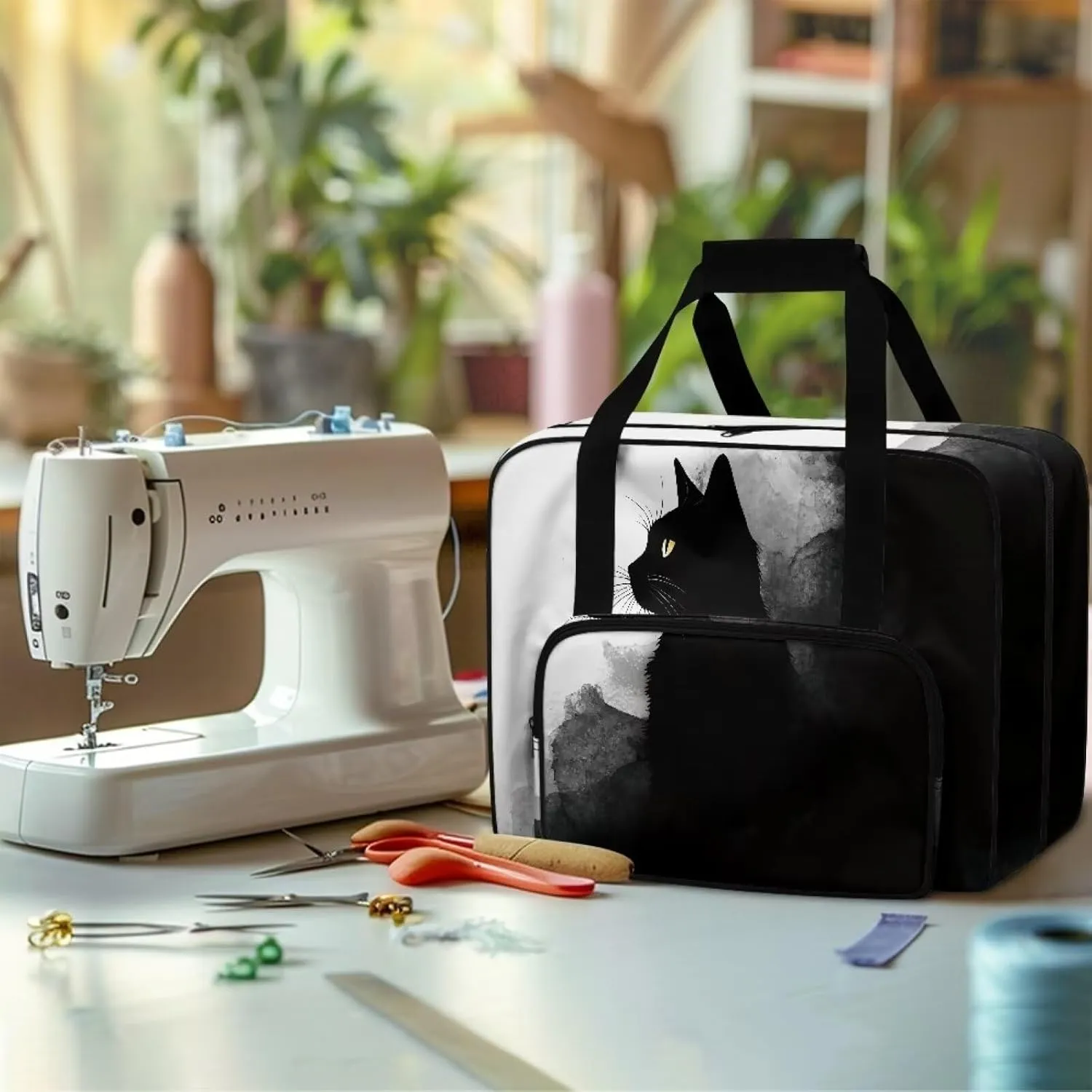 Sewing Machine Carrying Case with Storage Pocket, Black Cat Universal Tote Bag with Bottom Pad Compatible with Most Standard Singer, Brother