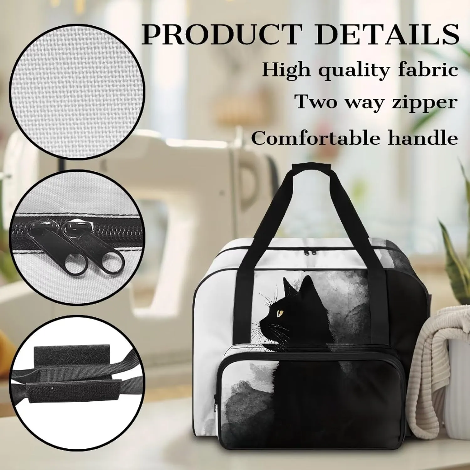 Sewing Machine Carrying Case with Storage Pocket, Black Cat Universal Tote Bag with Bottom Pad Compatible with Most Standard Singer, Brother