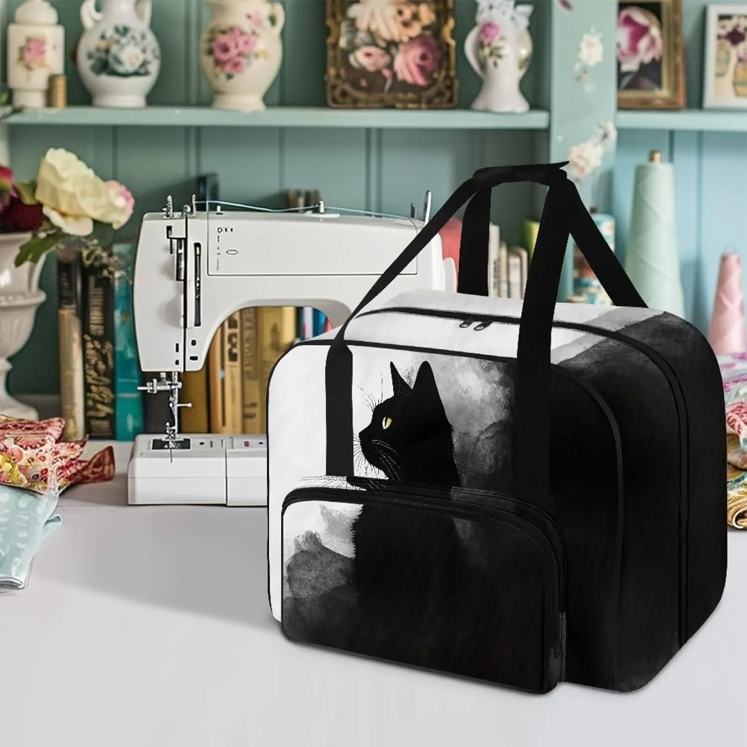 Sewing Machine Carrying Case with Storage Pocket, Black Cat Universal Tote Bag with Bottom Pad Compatible with Most Standard Singer, Brother