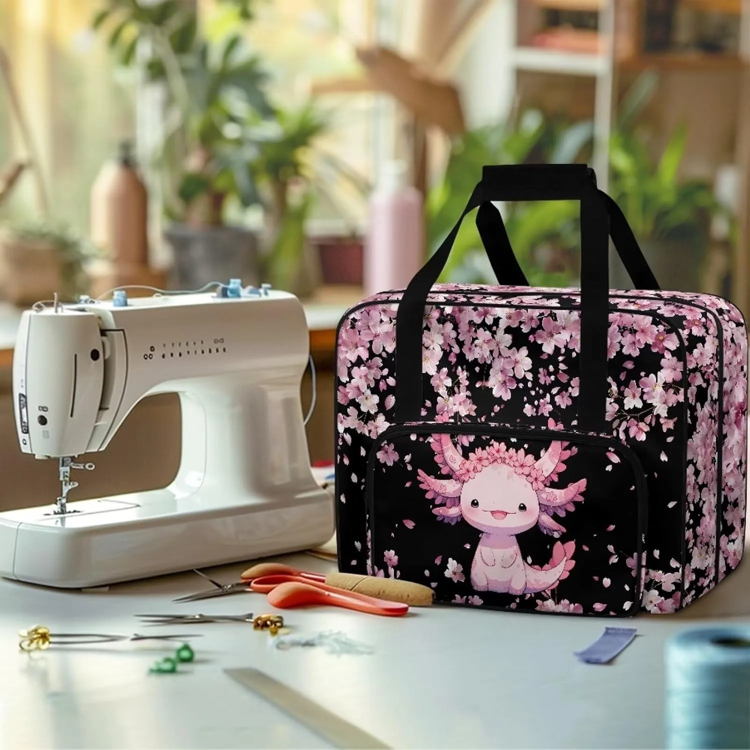 Sewing Machine Handbag Tote Bag for Sewing Machine Portable Sewing Case Storage Organization Carrying Bag for Accessories Carrying Travel Storage Carrier, Cherry Blossom Axolotl
