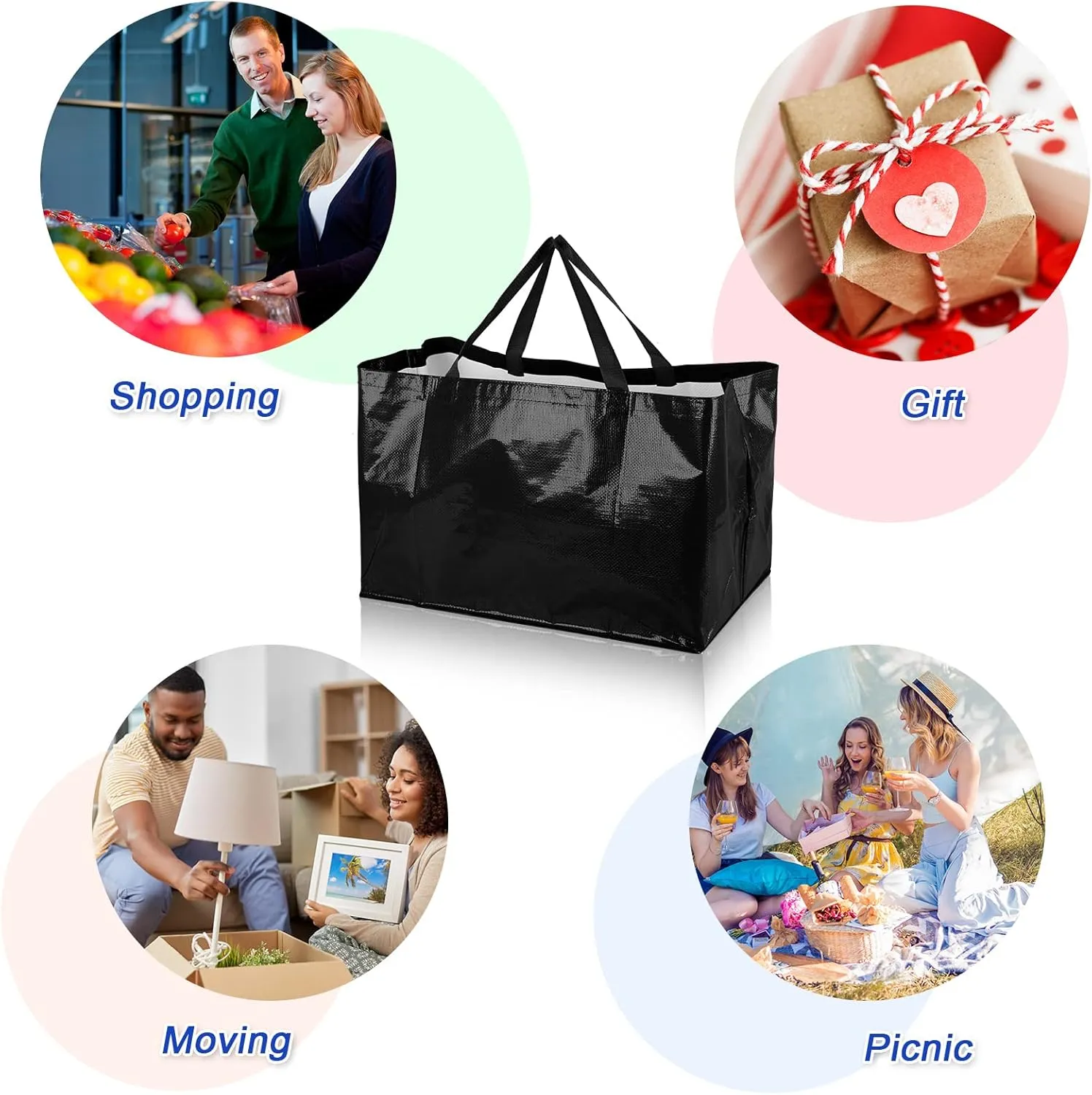 Shappy 6 Pieces Extra Large Reusable Shopping Grocery Bags with Handles Colorful Woven Plastic Waterproof Tote Bags
