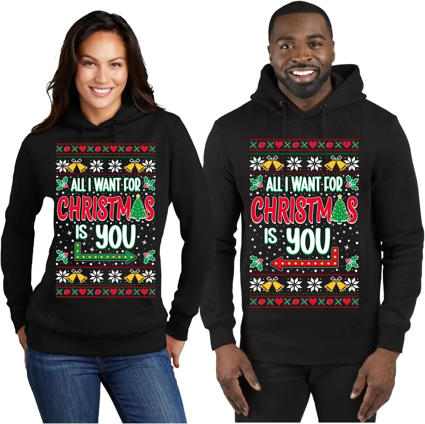 Shark & Hammer Matching All I Want For Christmas Is You Ugly Christmas Matching Couple Unisex Adult Hooded Sweatshirt, Black, Mens Large, Women 3X-Large