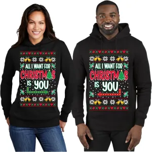 Shark & Hammer Matching All I Want For Christmas Is You Ugly Christmas Matching Couple Unisex Adult Hooded Sweatshirt, Black, Mens Large, Women 3X-Large